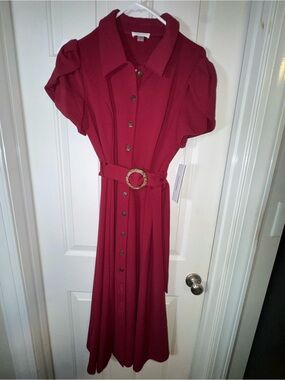 Calvin Klein Button down Burgundy/Plum belted Collared Midi dress. size12. NWT.